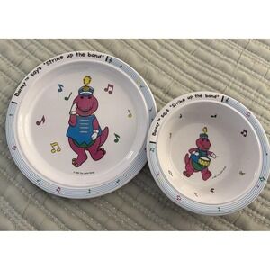 Vintage 1992 Kids Barney Strike Up The Band Plastic Plate And Bowl Set